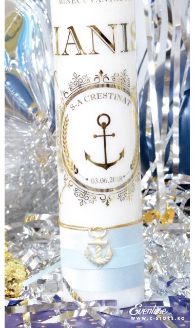 Lumanare de botez personalizata, print folio gold, 30x8cm, Nautic 2
